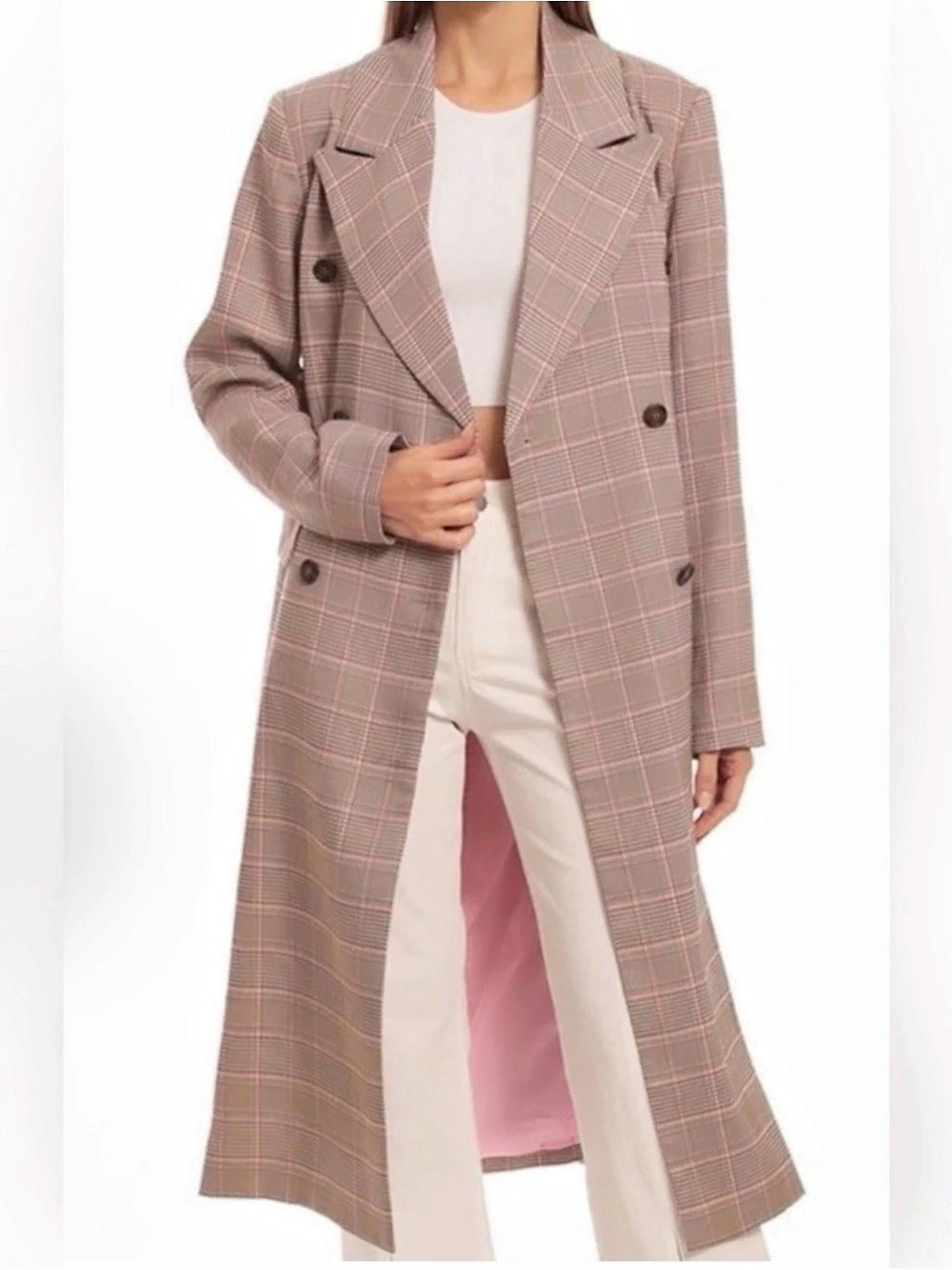 NWT Avec Les Filles Plaid Double-Breasted Trench Coat Pink & Brown Small